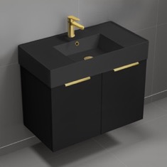 Black Floating Bathroom Vanity, 32 inch, Modern, Matte Black, Gold Handles